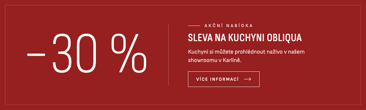 Vystavenou kuchyni Ernestomeda Obliqua nyní nabízíme se slevou 30 %. Prohlédněte si ji naživo v našem showroomu v Karlíně.