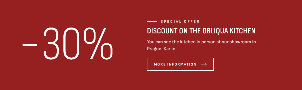 Our Ernestomeda Obliqua display kitchen is now available at a 30% discount. See it in person at our showroom in Karlín, Prague.